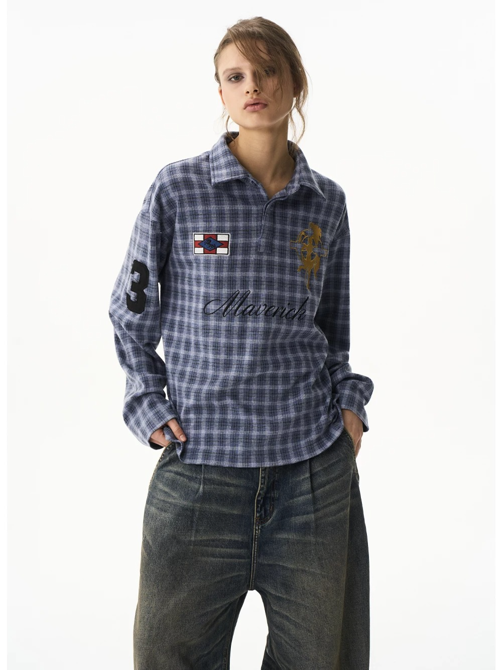 Vintage Plaid Badge Long Sleeve Polo Tee