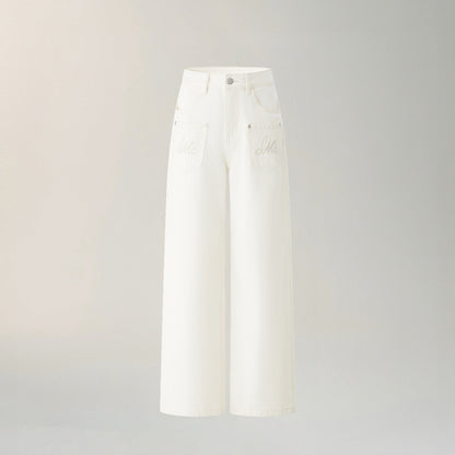 Embroidered Pocket Wide-Leg Denim Jeans