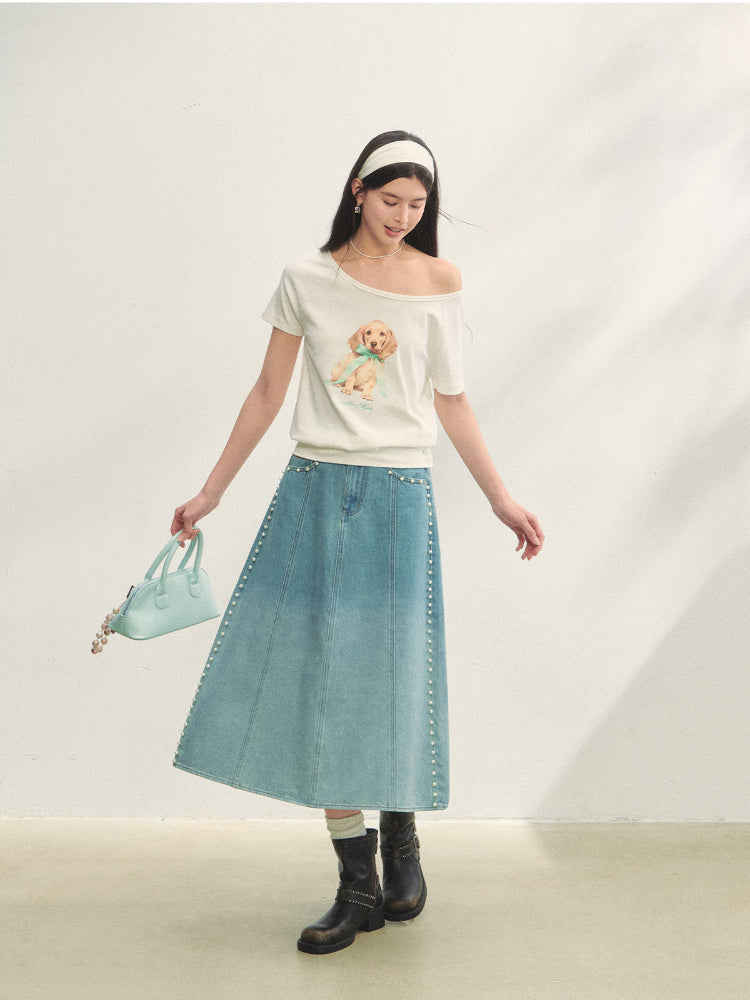 Beaded Washed Gradient Denim Skirt - CHINASQUAD