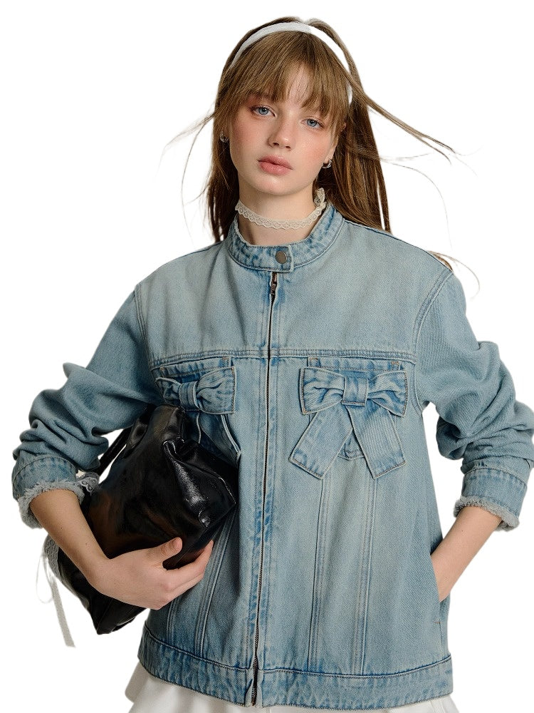 Blue 3D Bow Moto Denim Jacket