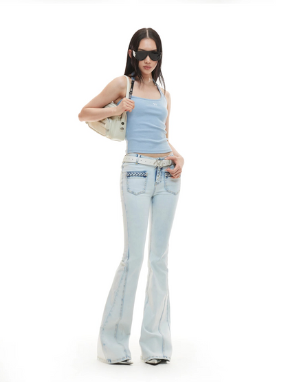 Braided Detail Mid-Rise Slim Flared Denim Jeans