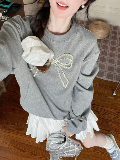Gray &amp; Navy Blue Butterfly Knot Beaded Pullover Sweatshirt
