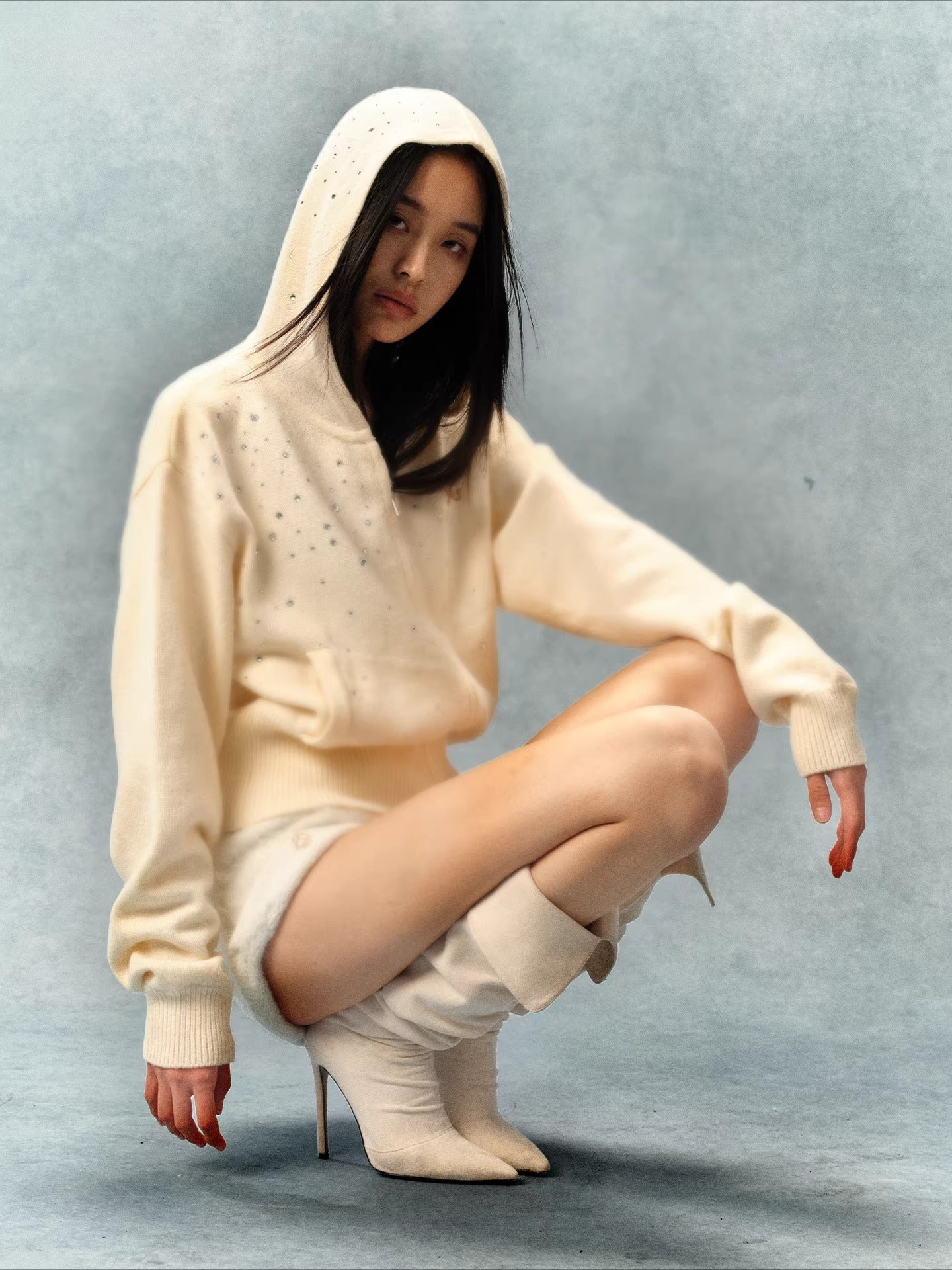 Stardust Gradient Rhinestone Hooded Knit Cardigan