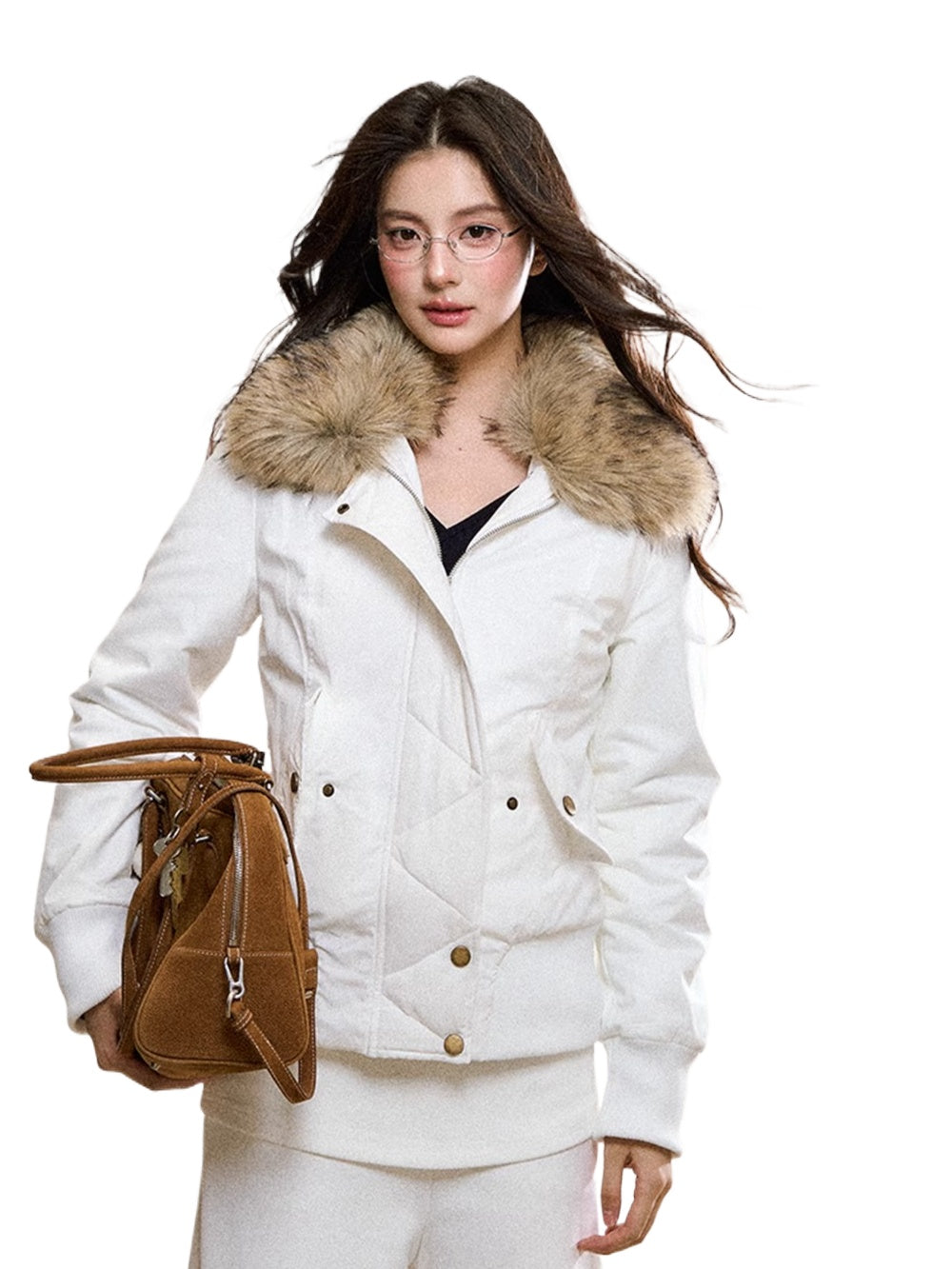 White Faux Fur Collar Quilted Short Jacket