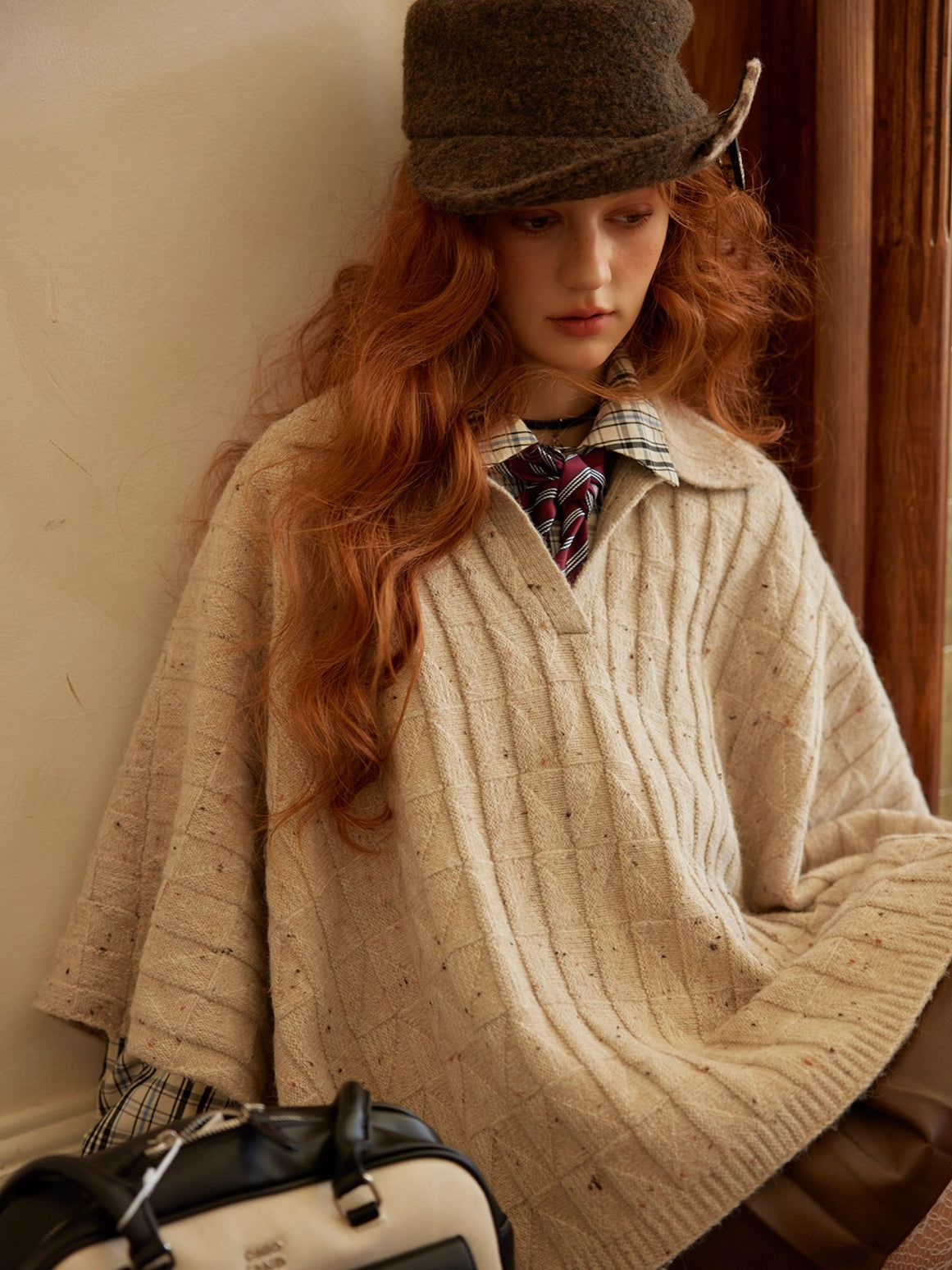 Oatmeal Wool Jacquard Cape Sweater