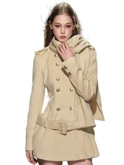 Wool-Blend Scarf Collar Double-Breasted Dress