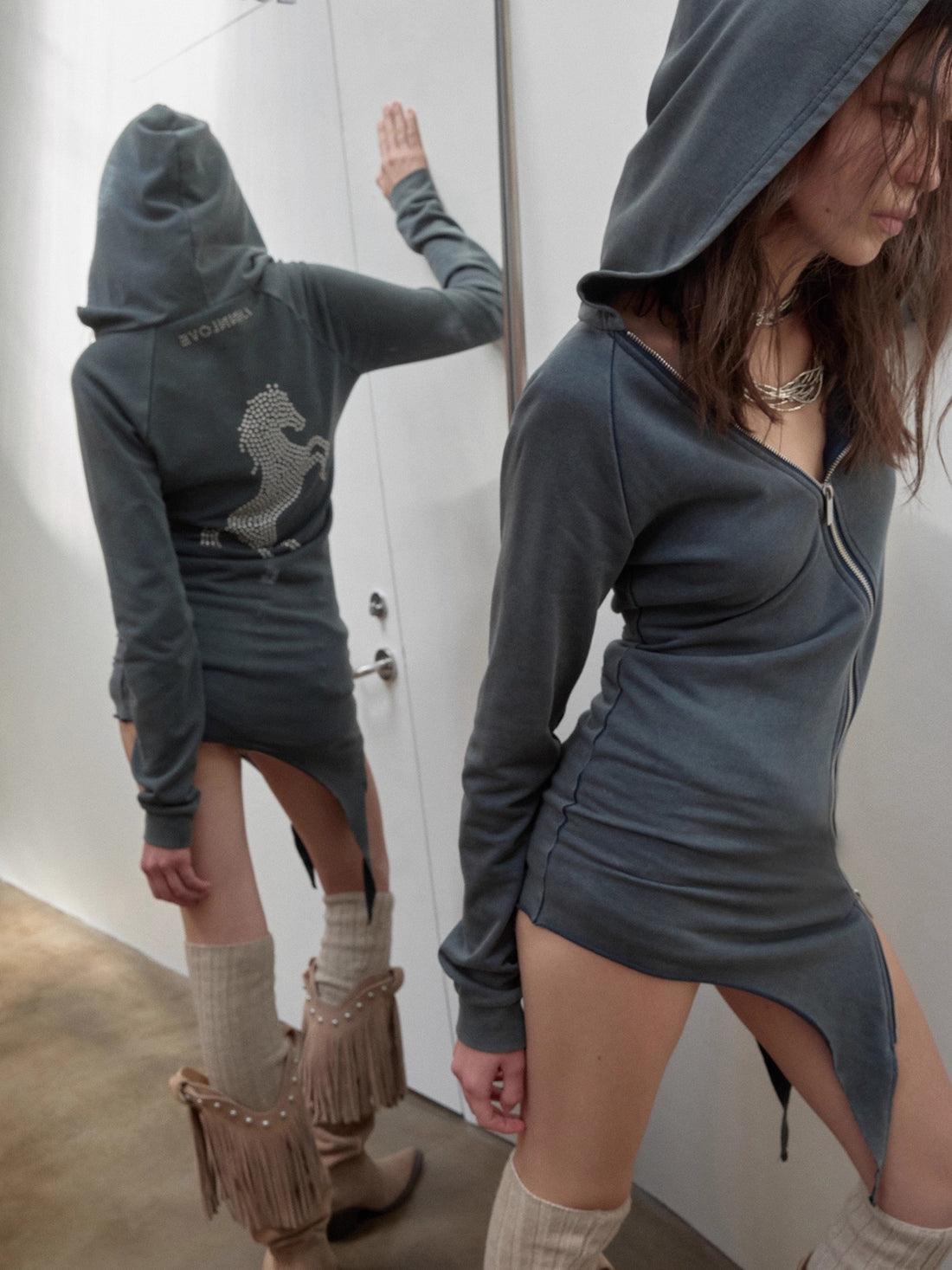 Washed Rhinestone Studded Deconstructed Hoodie Dress