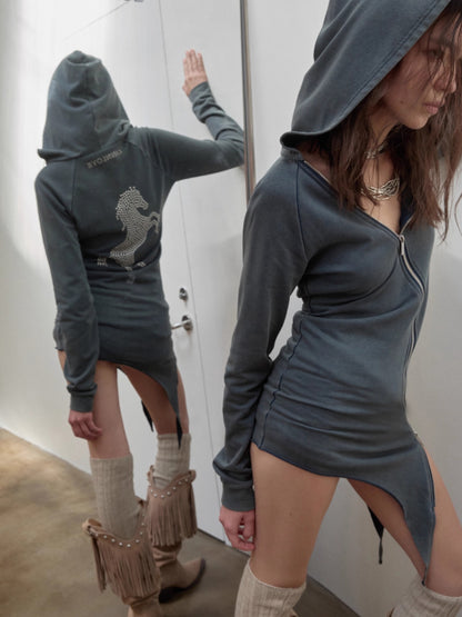 Washed Rhinestone Studded Deconstructed Hoodie Dress