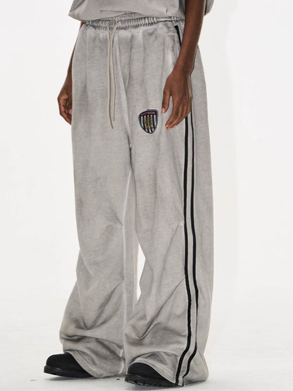 Washed Badge Cotton Pleated Track Pants
