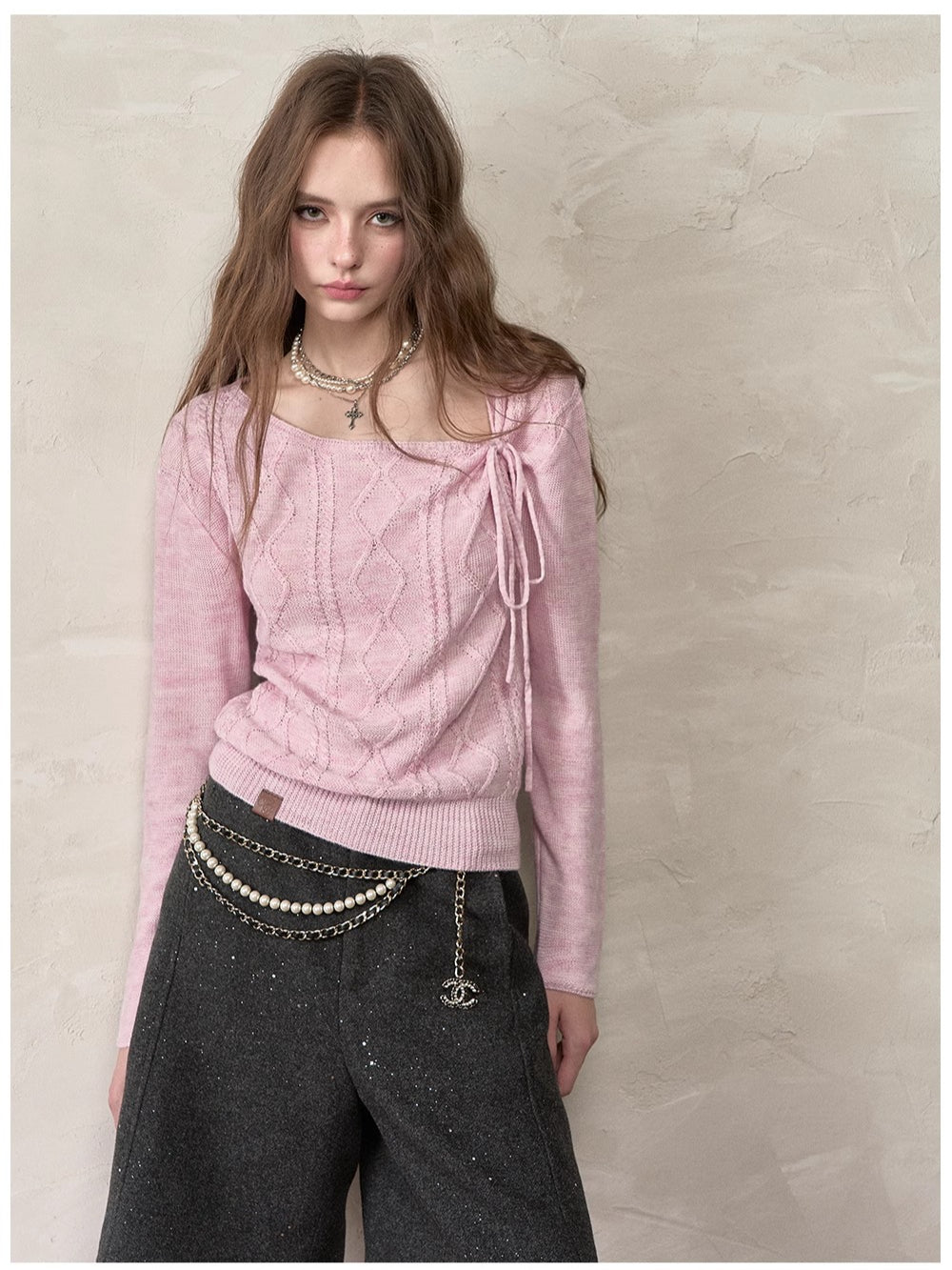Asymmetrical Tie-Neck Cable Knit Sweater