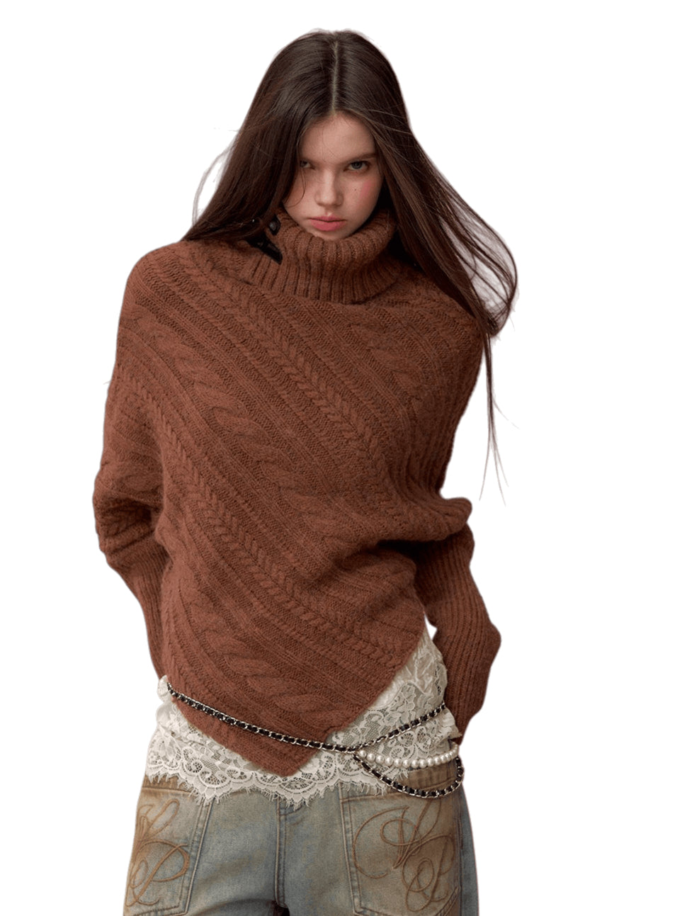 Leather-Buckle Thickened Cape Sweater