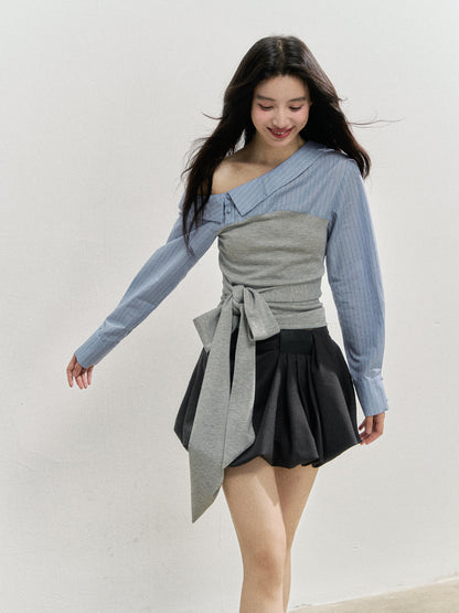 Asymmetric Shoulder Fake Two-Piece Striped Patchwork Blouse