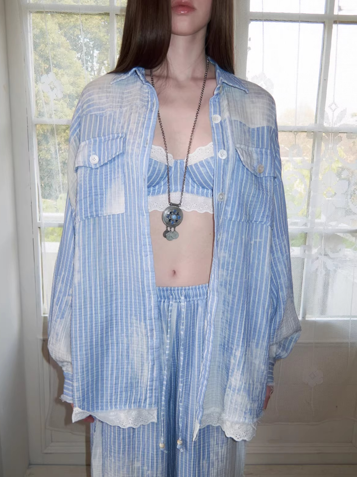 Washed Blue Stripe Shirt / Straight Pants / Corset Set