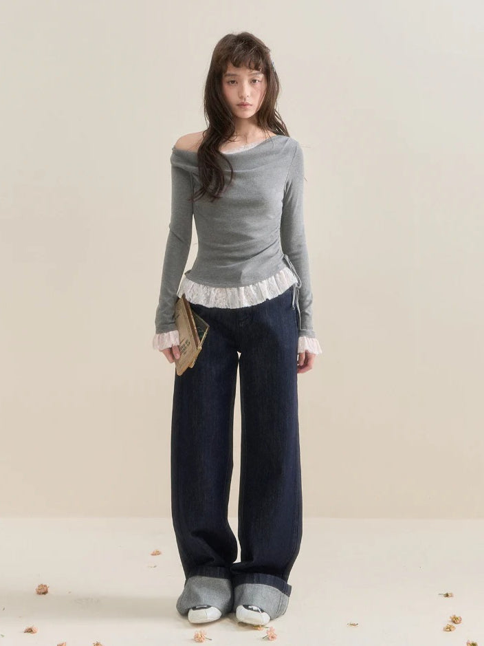 Lace Faux Two-Piece Long Sleeve T-shirt