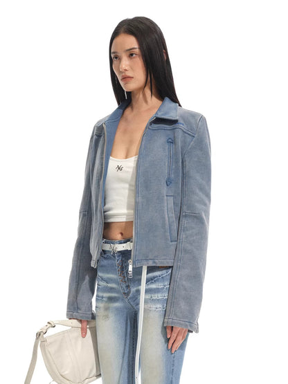 Classic Moto Collar Washed Cotton Knit Jacket