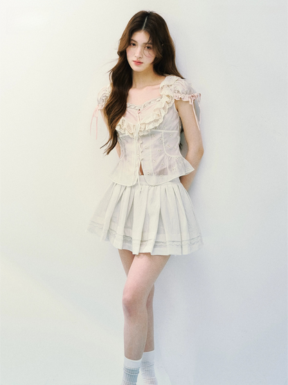 Layered Lace Lyocell Puff Sleeve Blouse