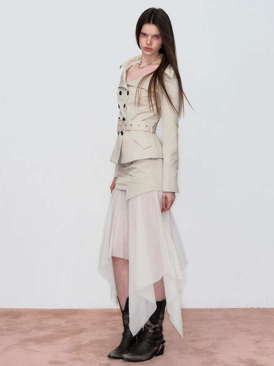 Off-Shoulder Belted Double-Breasted Blazer