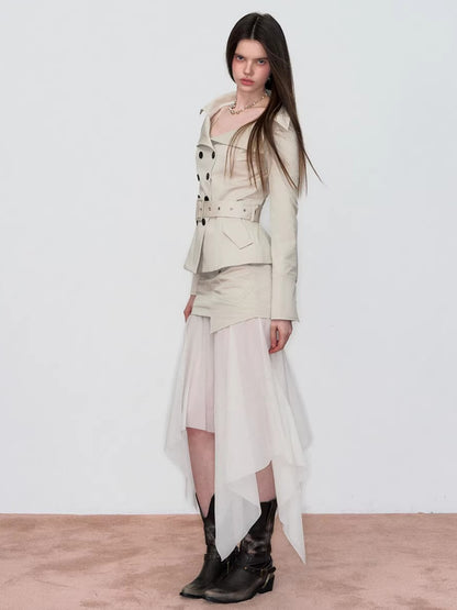 Off-Shoulder Belted Double-Breasted Blazer