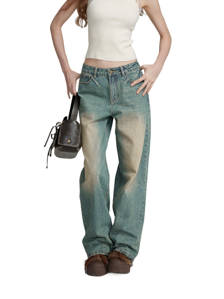 Washed Distressed Vintage Loose-Fit Denim Jeans