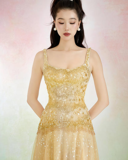 Golden Sequin Strap Midi Tulle Dress