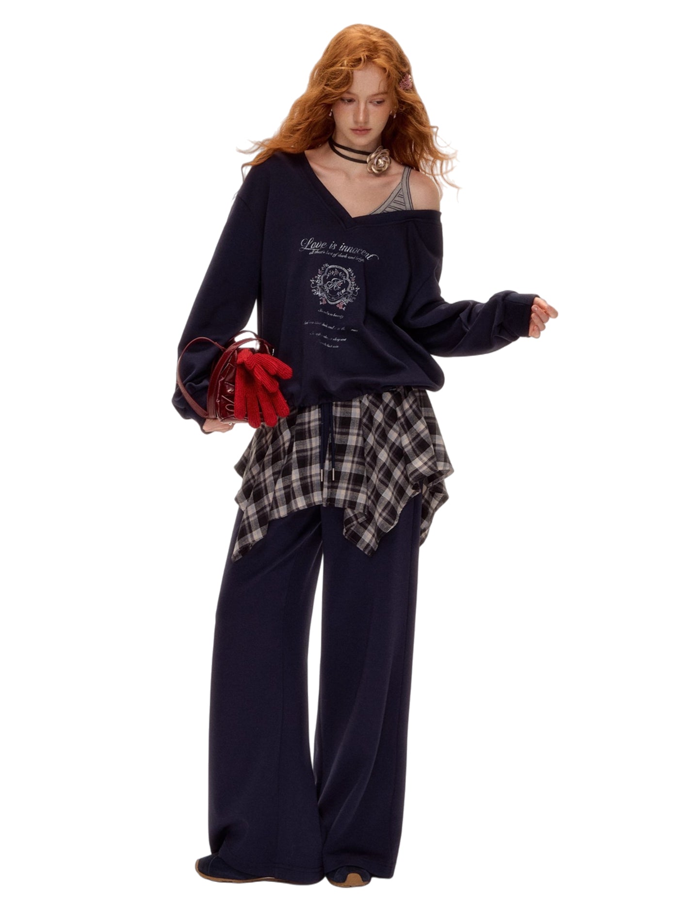 Asymmetric Shoulder Striped Fleece Tracksuit Set