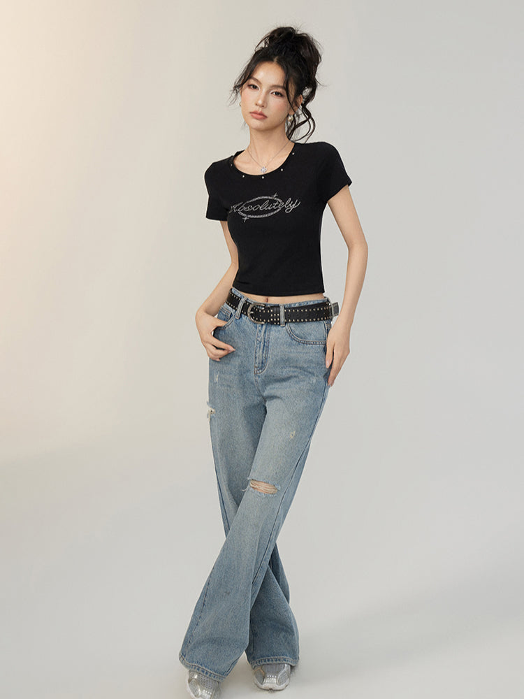 Rivet-Rhinestone Regular Shoulder T-shirt