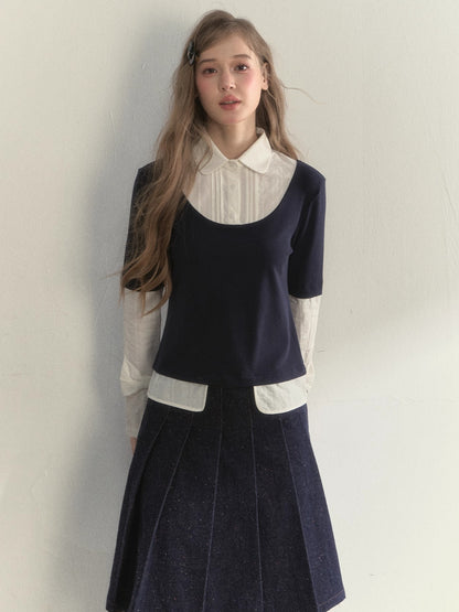 Navy Layered Long-Sleeve Knit Shirt