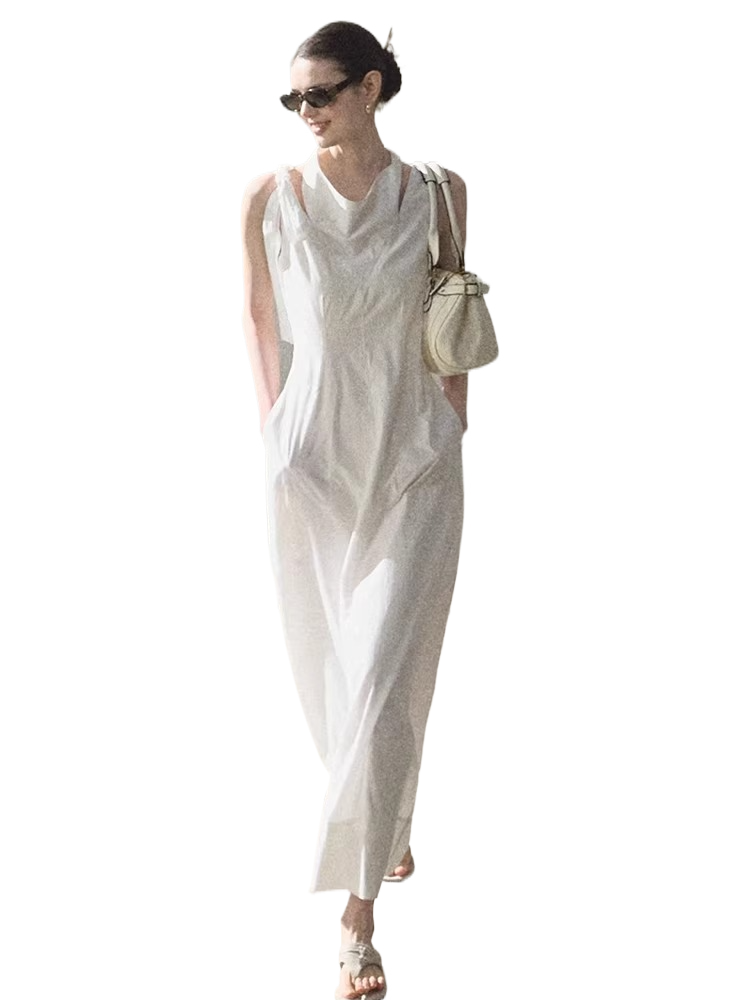 Halterneck Cotton Cinched-Waist Maxi Dress