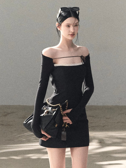 Slim-Fit Black Waist-Cinched Long-Sleeve Dress