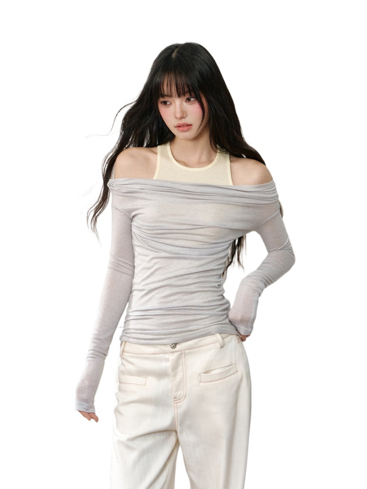 Lyocell Wool Fake Two-Piece Off-Shoulder T-shirt - CHINASQUAD