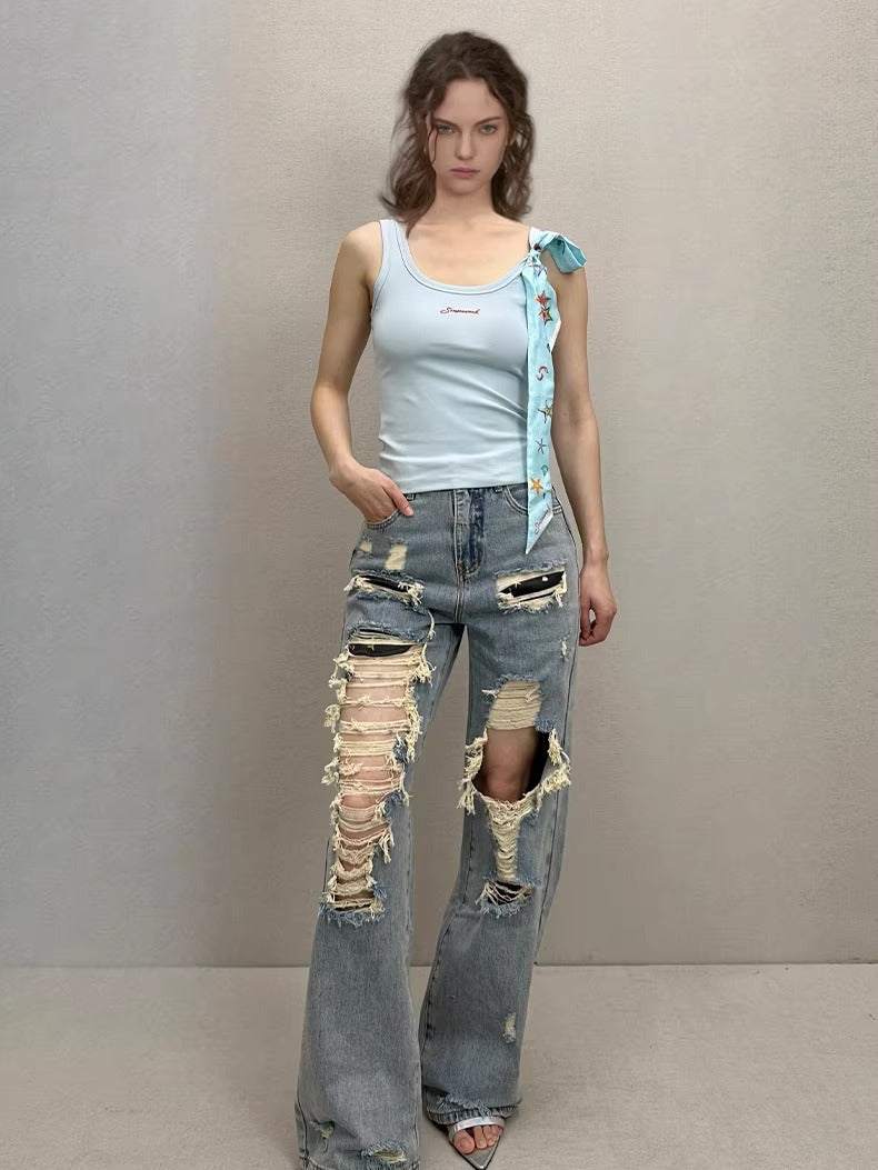 Straight-Leg Distressed Denim Jeans