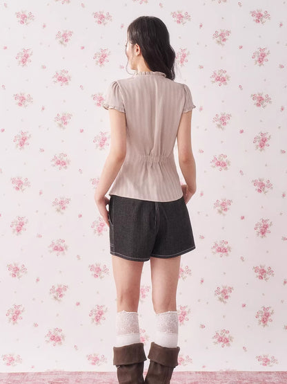 Ruffle Lace Waist-Fit Short Sleeve Blouse