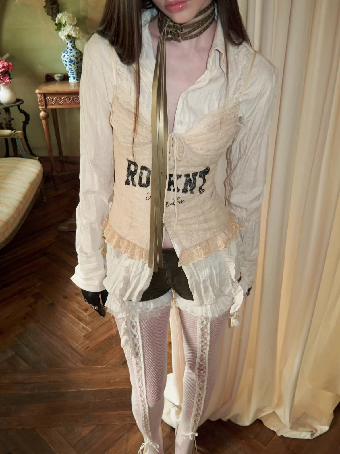 Patchwork Ruffle Pleated Waist-Fitted Shirt