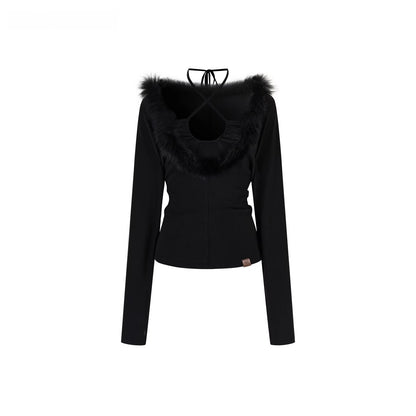Fox Fur Panel Layered Knit V-neck