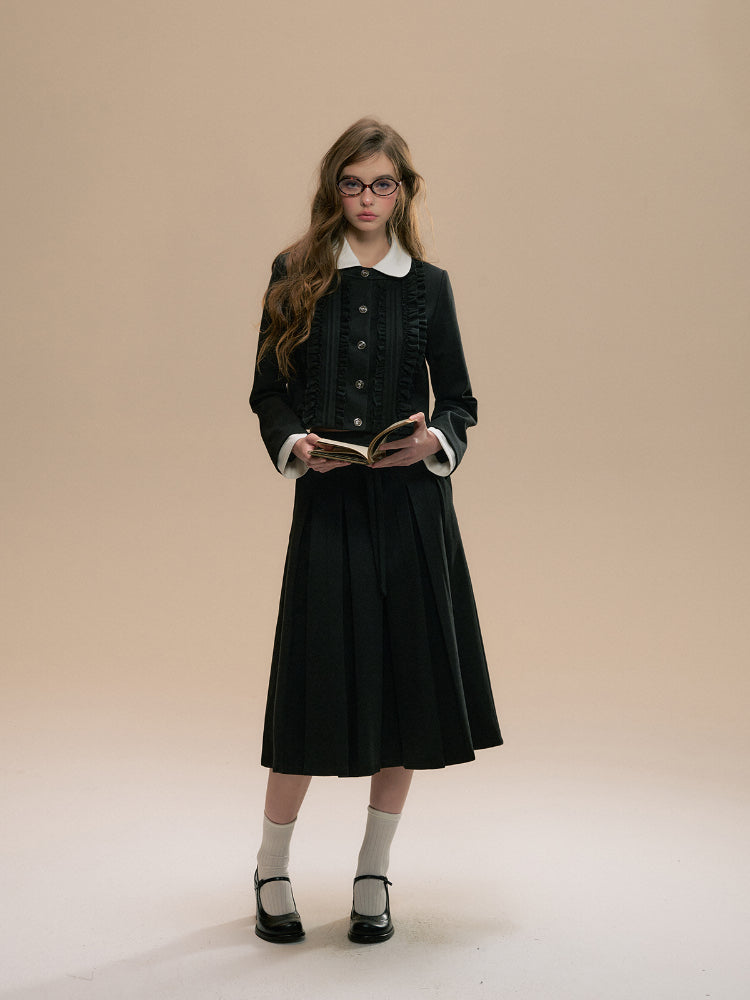 Ruffle Trim Woolen Coat &amp; Pleated Skirt Set