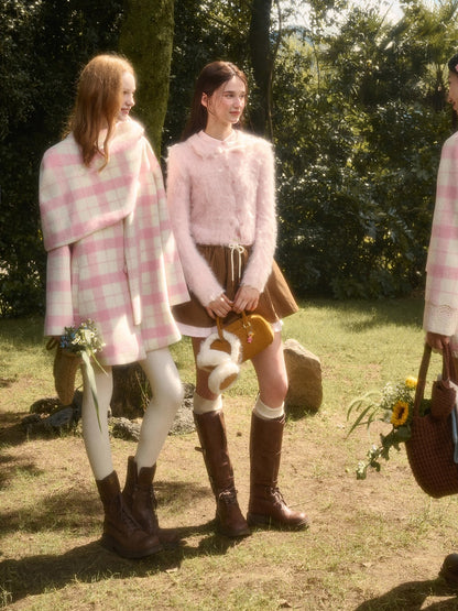 Baby Pink Raspberry Check Wool-Like Cape Coat
