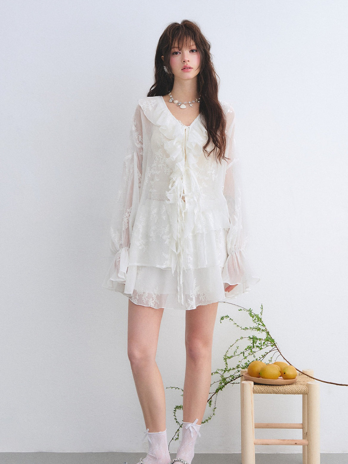 Embroidered Ruffle Chiffon Shirt &amp; Tiered Skirt Set