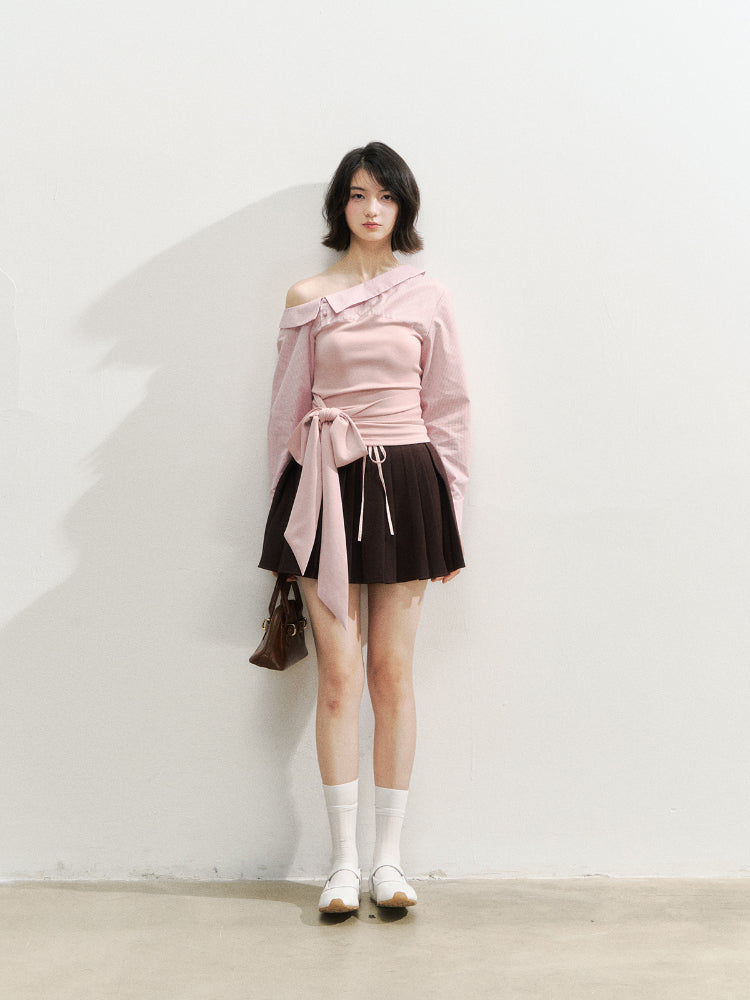 Asymmetric Shoulder Fake Two-Piece Striped Patchwork Blouse