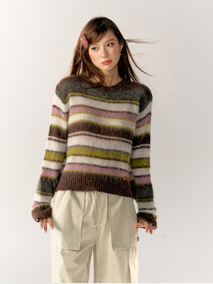 Color-Block Crew Neck Striped Knit Sweater