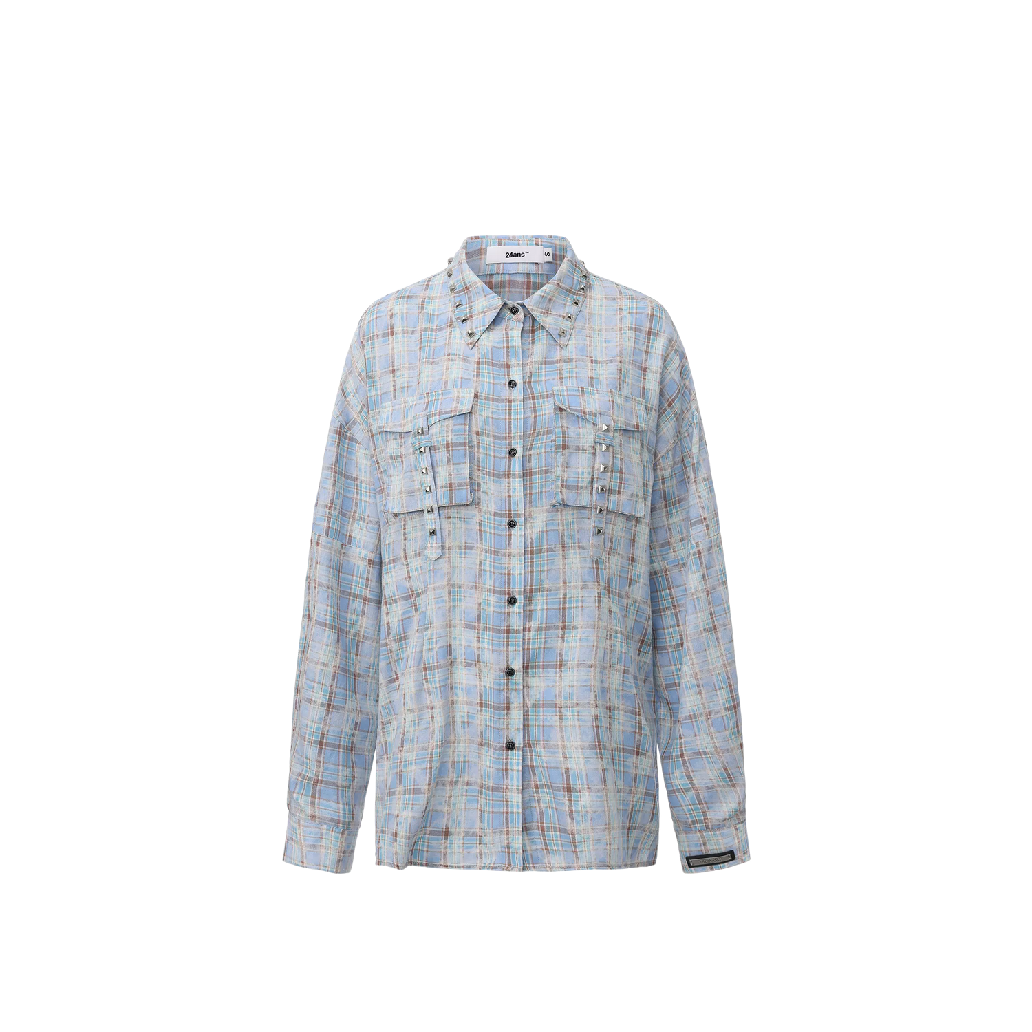 Washed Studded Plaid Oversized Shirt