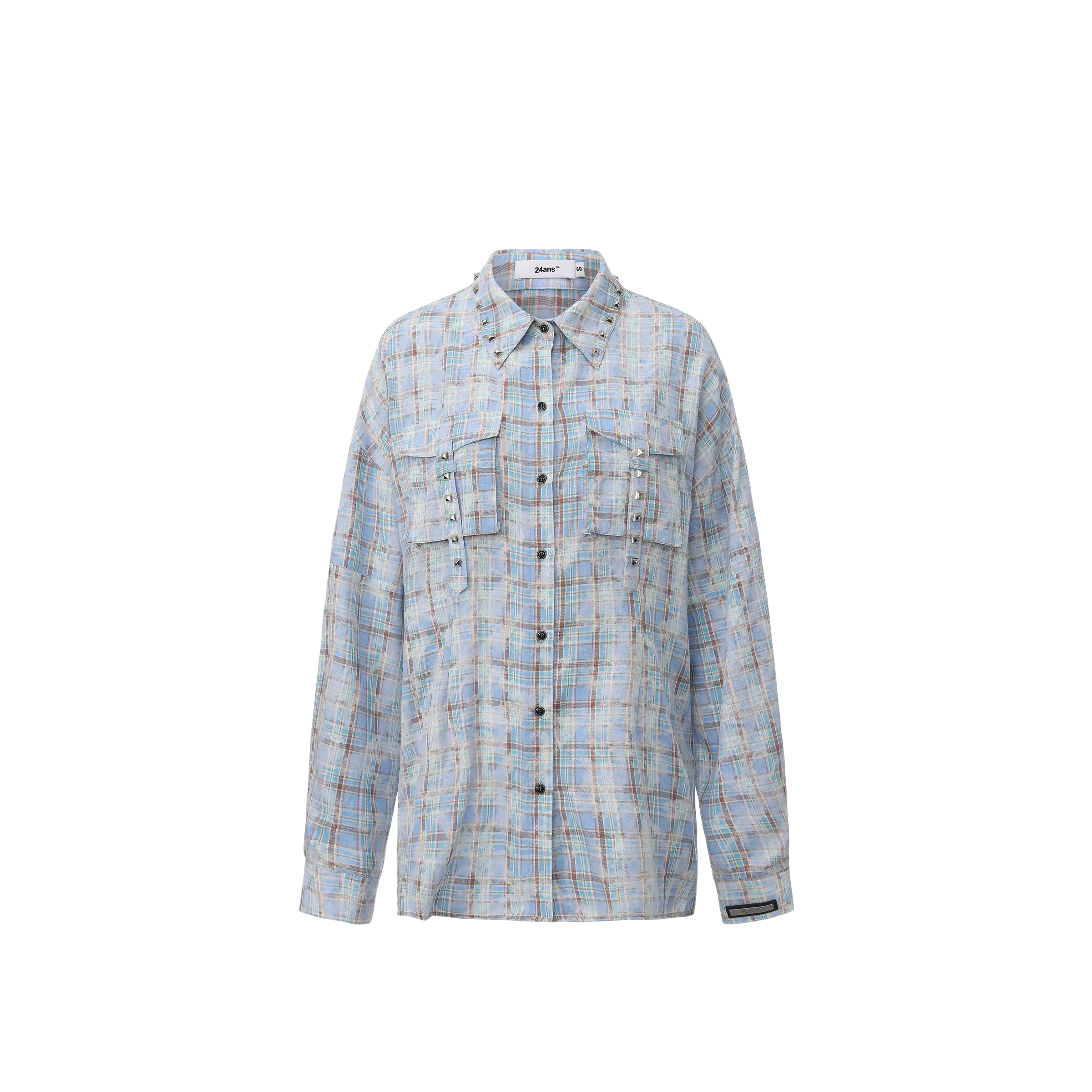 Washed Studded Plaid Oversized Shirt