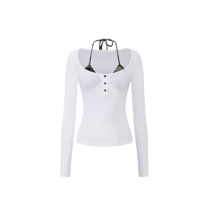 Washed Off-Shoulder Layered Long Sleeve Top