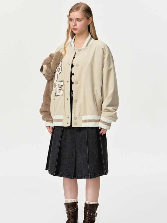 Bear Sleeve Corduroy Baseball Jacket