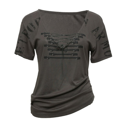 Vintage Lace-Up Graphic V-Neck Tee