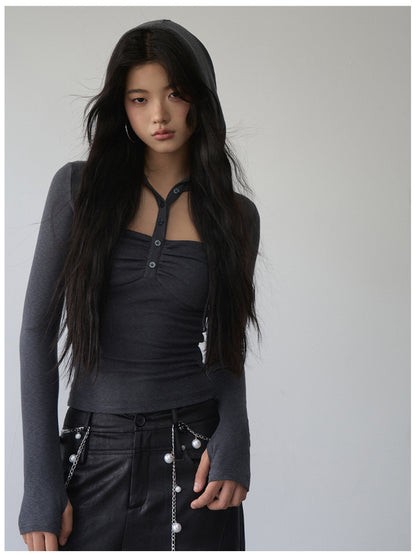 Hooded Hollow-out Long-sleeved T-shirt - CHINASQUAD