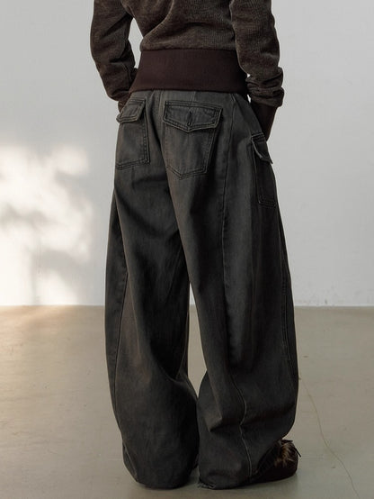 Vintage-Wash Curved Wide-Leg Pants