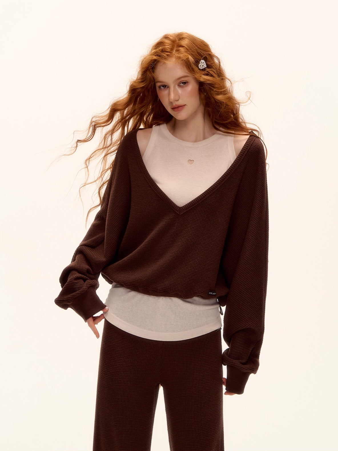 Waffle Knit V-Neck Pullover &amp; Tank Top &amp; Wide-Leg Pants Set