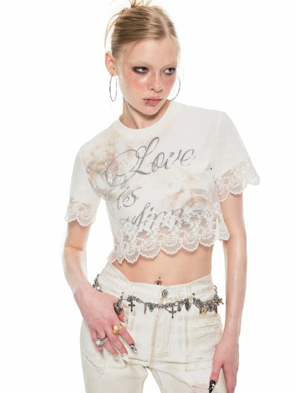 White Lace Faux Two-piece Layered T-shirt