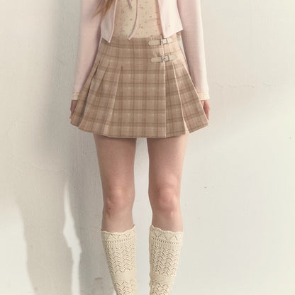 Vintage Plaid Wool Leather Buckle Pleated Skirt