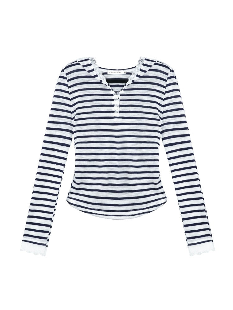 Striped Color-block Lace Spliced T-Shirt - CHINASQUAD